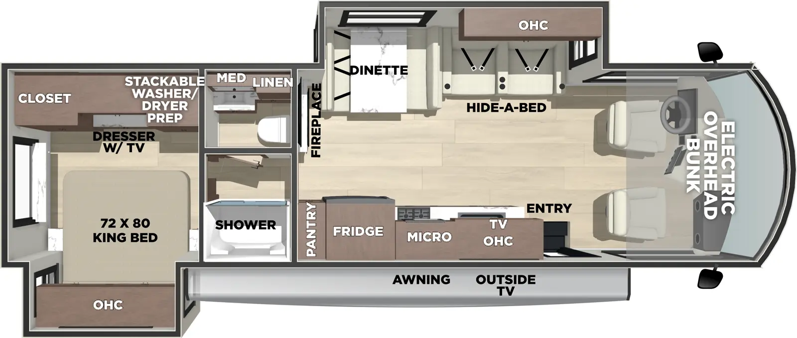 The Georgetown 7 Series GT7 31X7 floorplan has one entry and two slide outs. Exterior features include: 17' awning and outside entertainment. Interiors features include: rear bedroom, pass through bathroom, bunk over cab and dinette.